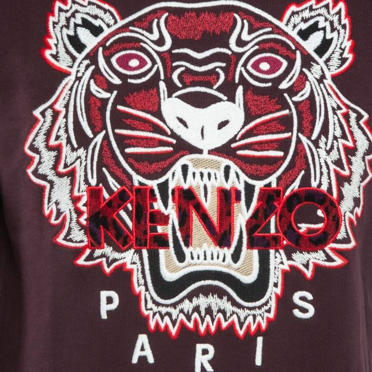 Pre Owned Kenzo Burgundy Logo Tiger Embroidered Cotton Sweatshirt XS