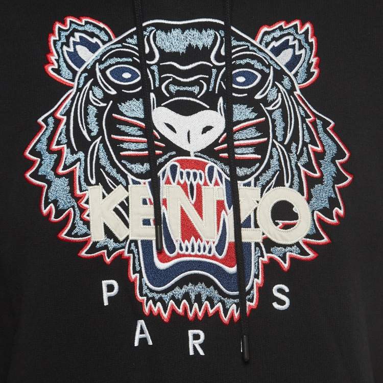 Pre Owned Kenzo Black Tiger Embroidered Cotton knit Hoodie M