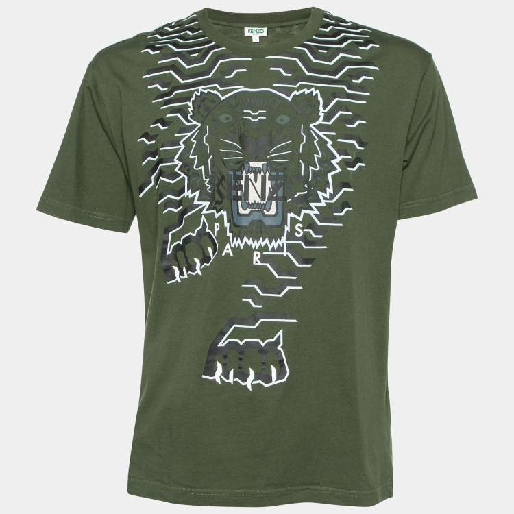 Kenzo Dark Green Geometric Tiger Print Crew Neck T-Shirt L