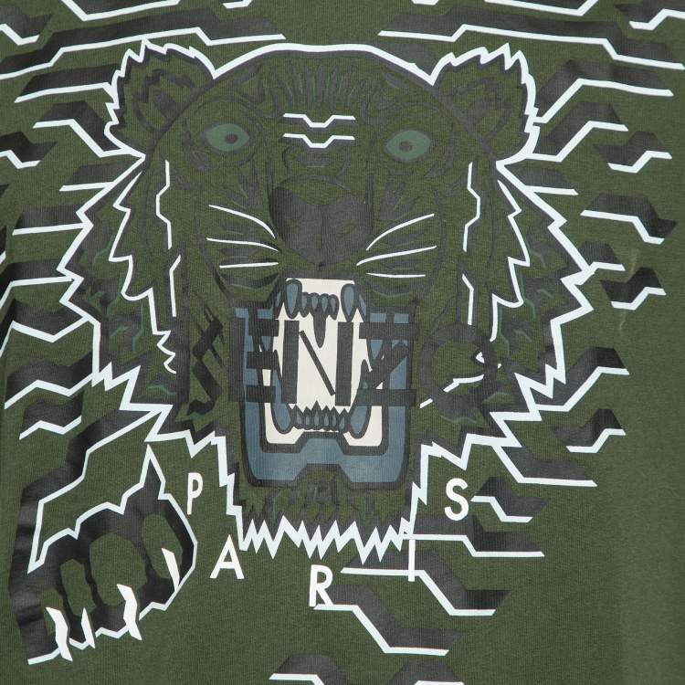 مملوكة مسبقًا Kenzo Dark Green Geometric Tiger Print Crew Neck T-Shirt L