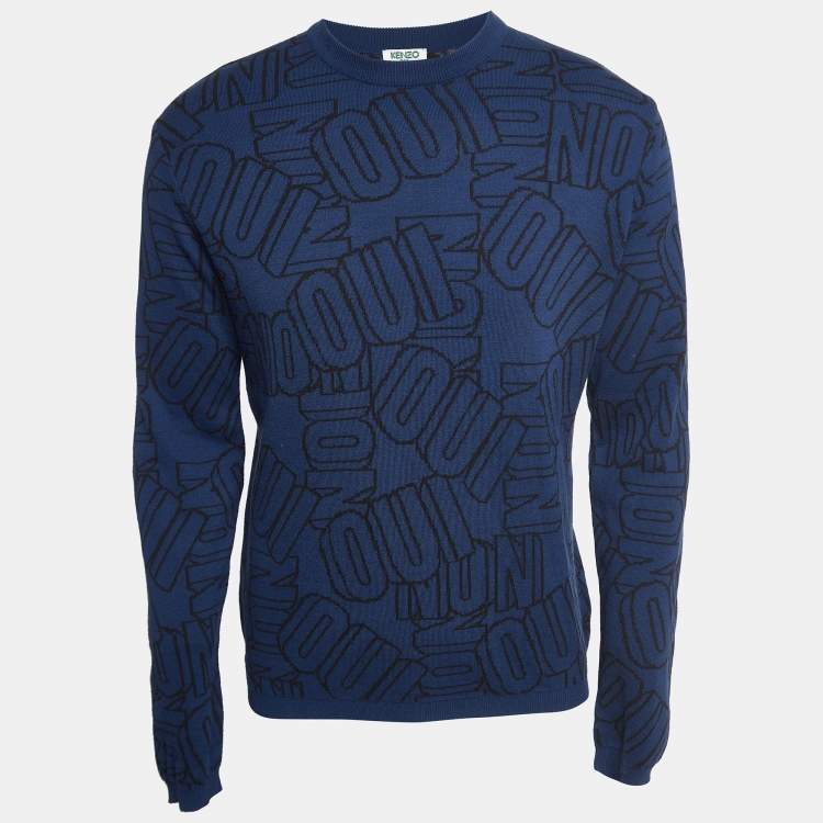 Pre Owned Kenzo Navy Blue Logo Intarsia Knit Crew Neck Sweatshirt M