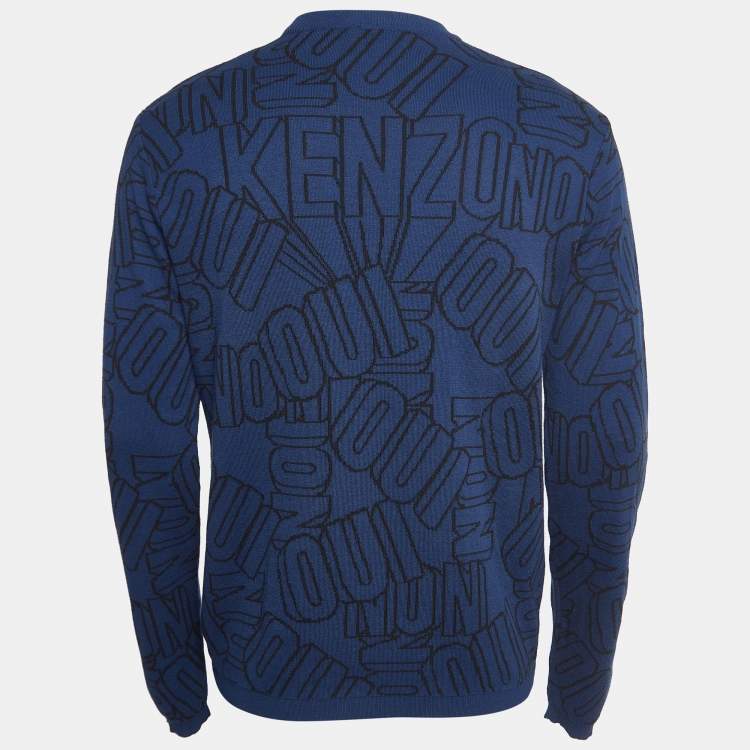 Pre Owned Kenzo Navy Blue Logo Intarsia Knit Crew Neck Sweatshirt M