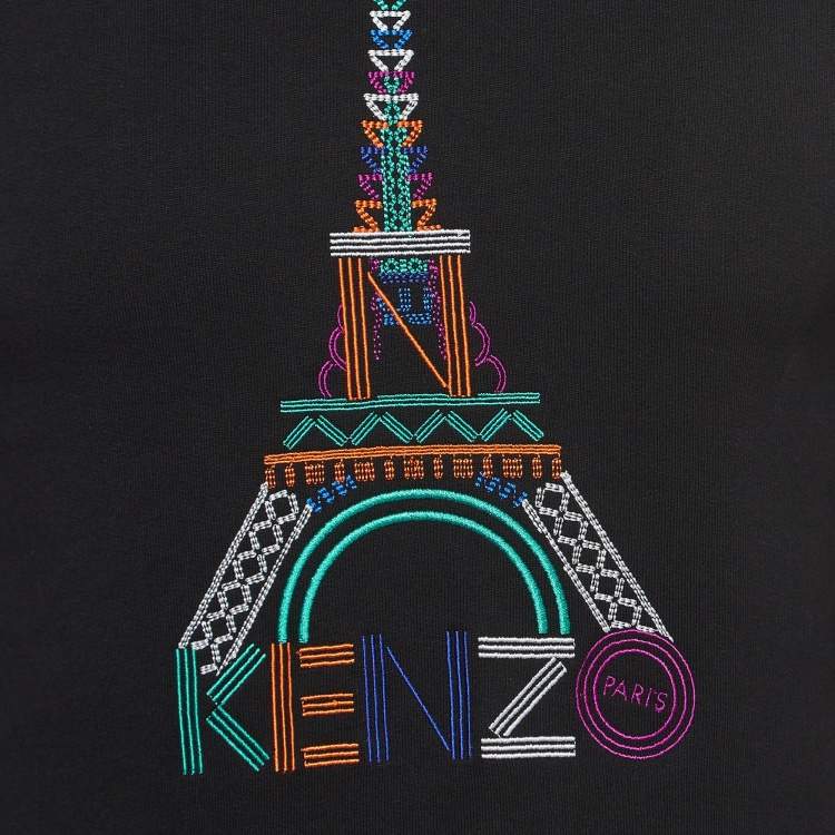 Pre Owned Kenzo Black Eiffel Embroidered Cotton Knit Crew Neck Sweatshirt XS