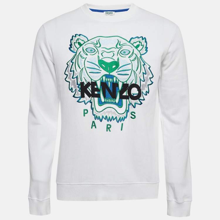 Pre Owned Kenzo White Logo Tiger Embroidered Cotton Sweatshirt S