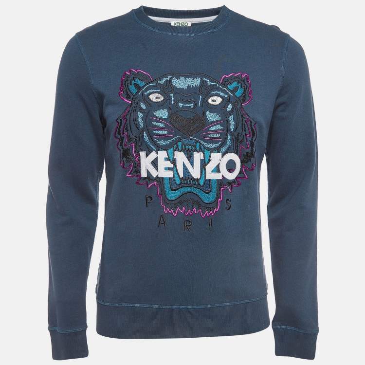 مملوكة مسبقًا Kenzo Teal Blue Logo Tiger Embroidered Cotton Sweatshirt M