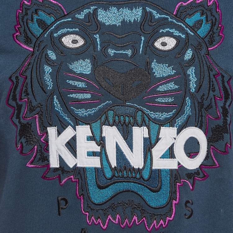 مملوكة مسبقًا Kenzo Teal Blue Logo Tiger Embroidered Cotton Sweatshirt M