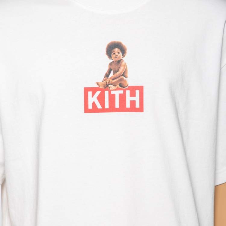 Pre Owned Kith x Biggie White Logo Printed Cotton Crewneck T-Shirt L