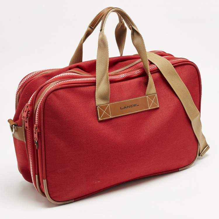 Pre Owned Lancel Red Canvas Weekender Travel Bag