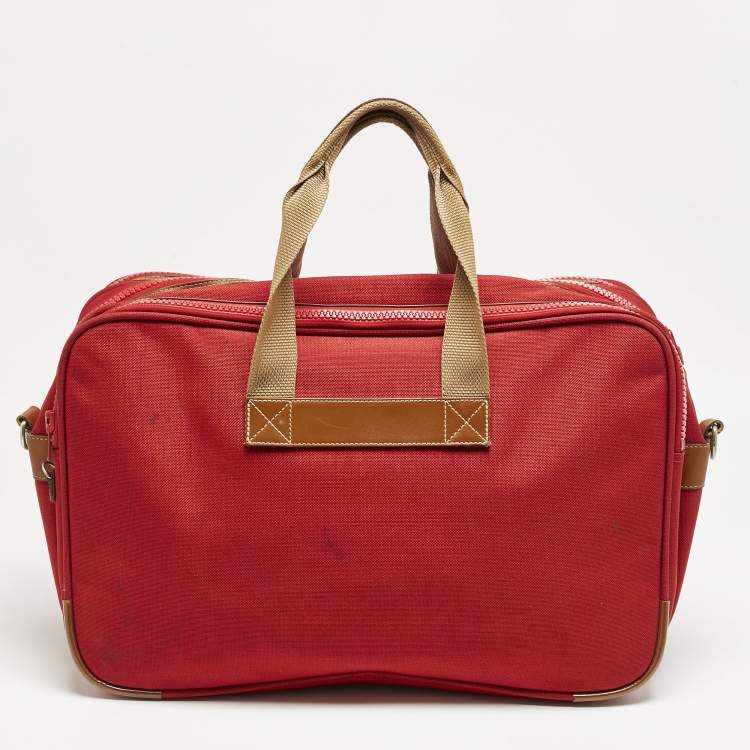 Pre Owned Lancel Red Canvas Weekender Travel Bag