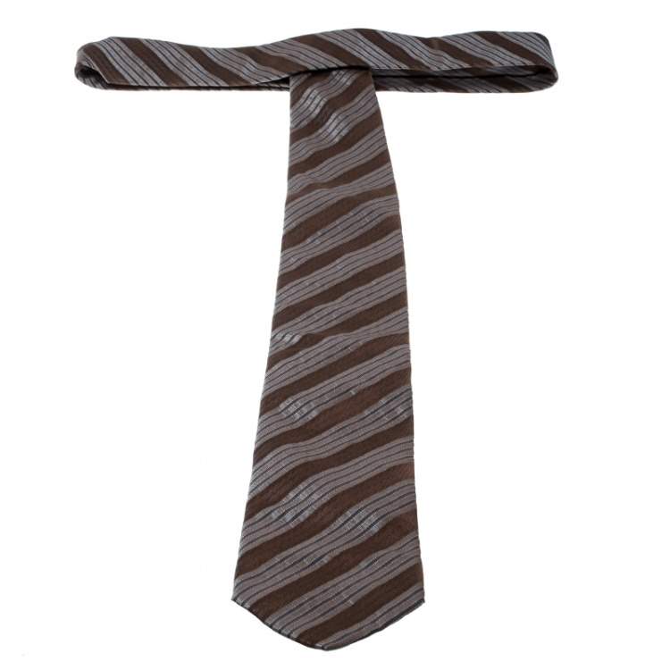 Pre Owned Lanvin Brown and Grey Diagonal Striped Silk Tie