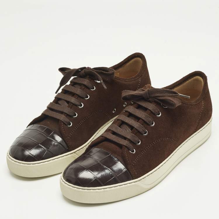 Pre Owned Lanvin Size 41 Brown Croc Embossed Leather and Suede Lace Up Sneakers