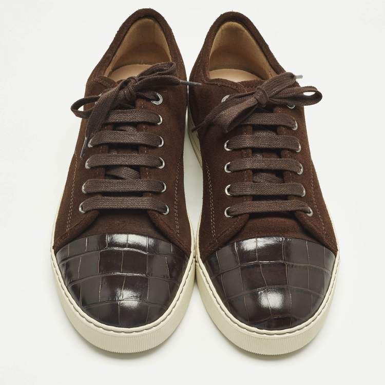 Pre Owned Lanvin Size 41 Brown Croc Embossed Leather and Suede Lace Up Sneakers