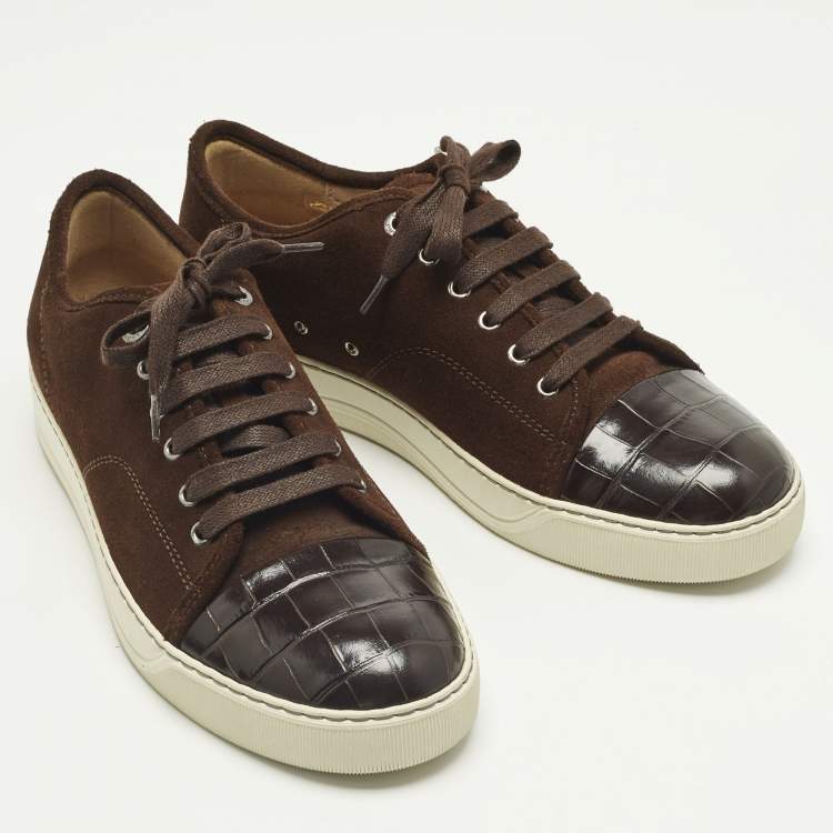 Pre Owned Lanvin Size 41 Brown Croc Embossed Leather and Suede Lace Up Sneakers