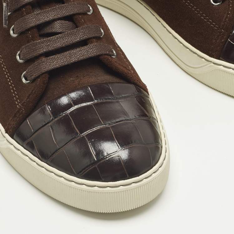 Pre Owned Lanvin Size 41 Brown Croc Embossed Leather and Suede Lace Up Sneakers