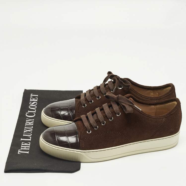 Pre Owned Lanvin Size 41 Brown Croc Embossed Leather and Suede Lace Up Sneakers