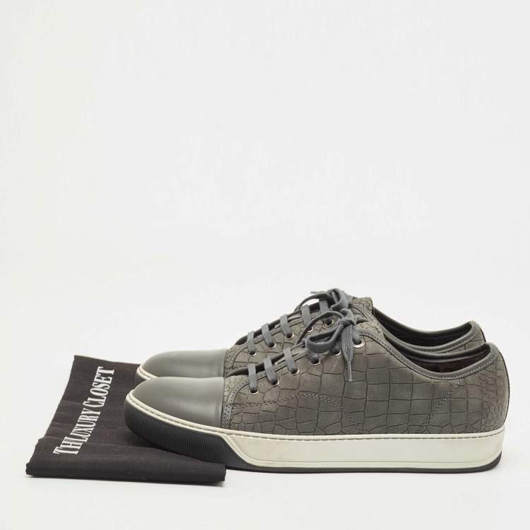 Pre Owned Lanvin Grey Croc Embossed Leather Low Top Sneakers Size 43