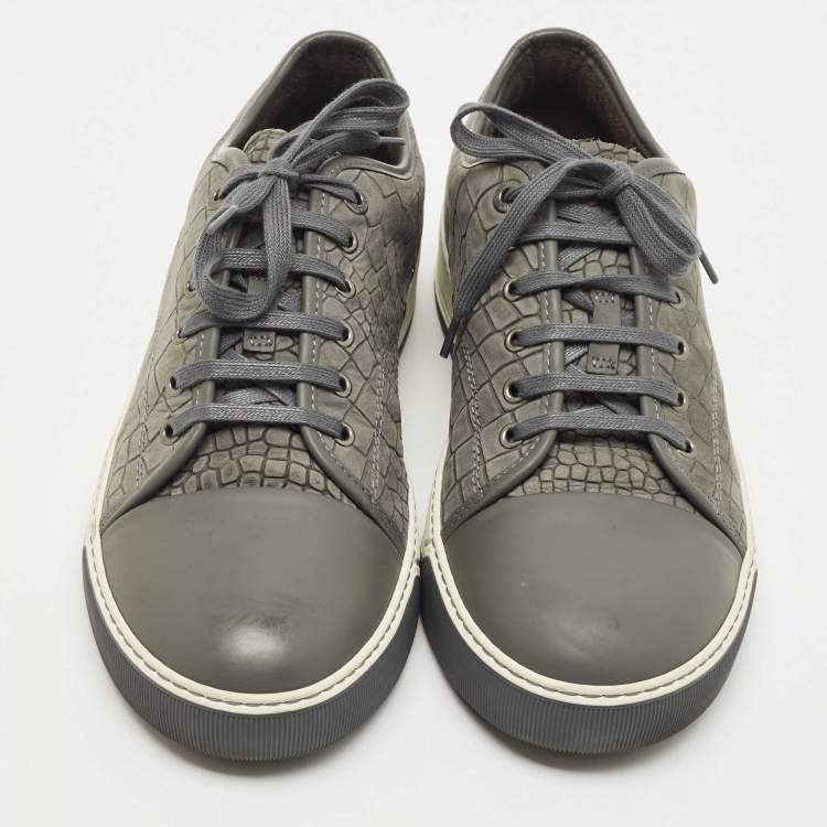 Pre Owned Lanvin Grey Croc Embossed Leather Low Top Sneakers Size 43