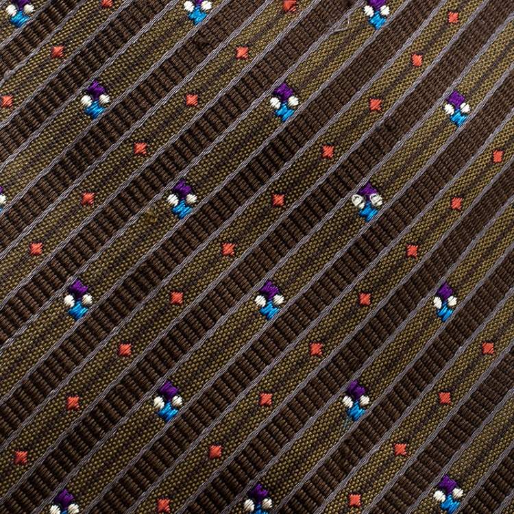 Pre Owned Lanvin Vintage Brown Diagonal Striped Embroidered Traditional Silk Tie