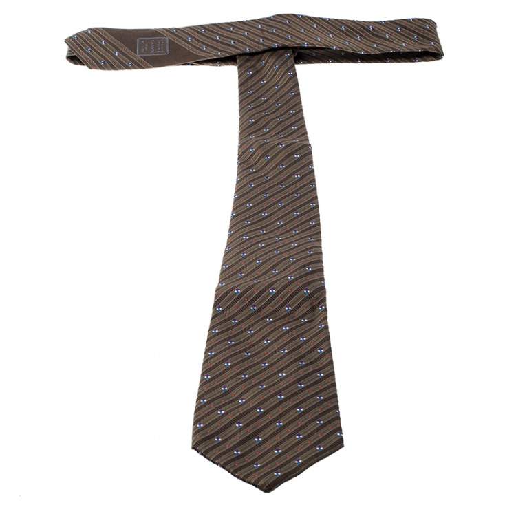 Pre Owned Lanvin Vintage Brown Diagonal Striped Embroidered Traditional Silk Tie
