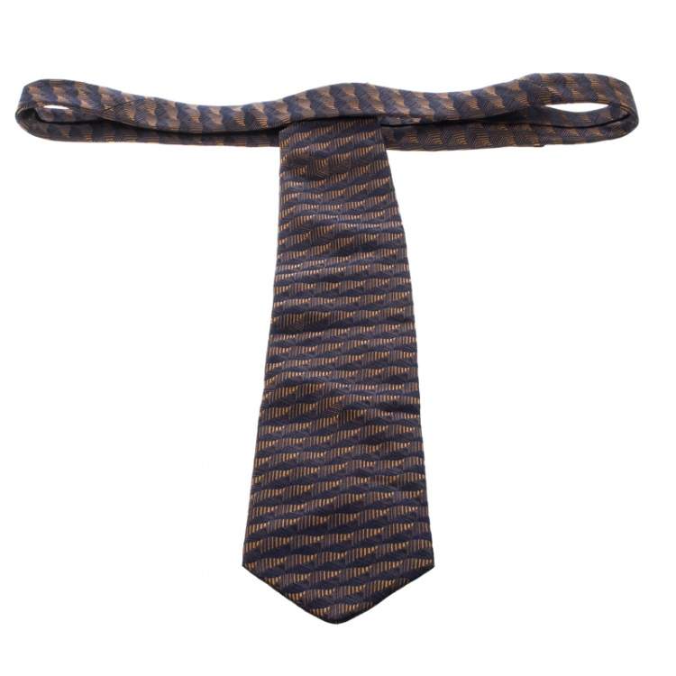 Pre Owned Lanvin Navy Blue and Brown Patterned Silk Jacquard Tie