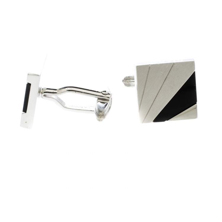 Pre Owned Lanvin Black Inlay Silver Tone Square Cufflinks