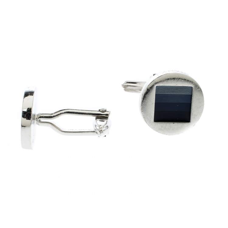 Pre Owned Lanvin Enamel Silver Tone Round Cufflinks