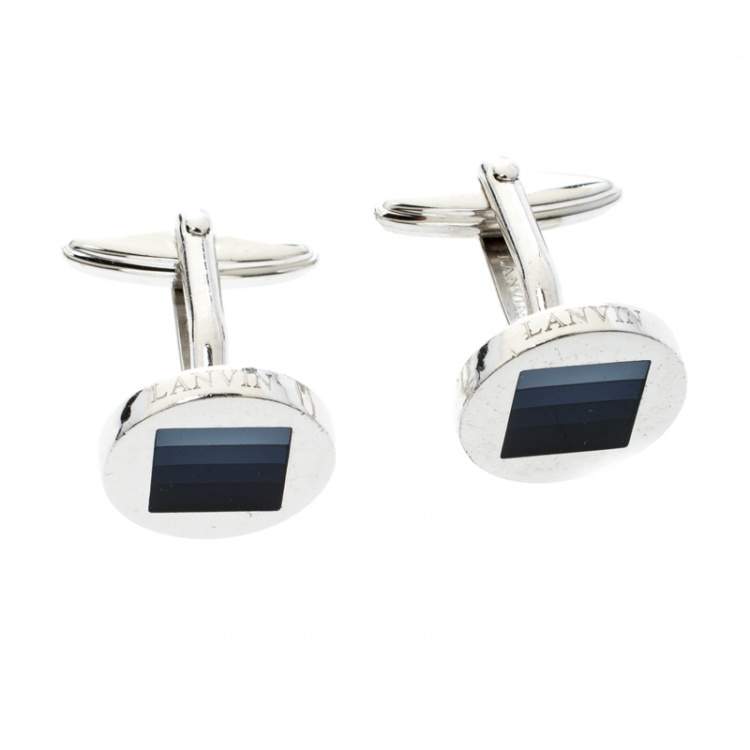 Pre Owned Lanvin Enamel Silver Tone Round Cufflinks