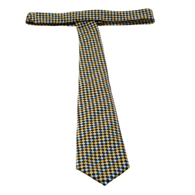 Pre Owned Lanvin Yellow and Blue Diagonal Checkered Silk Tie