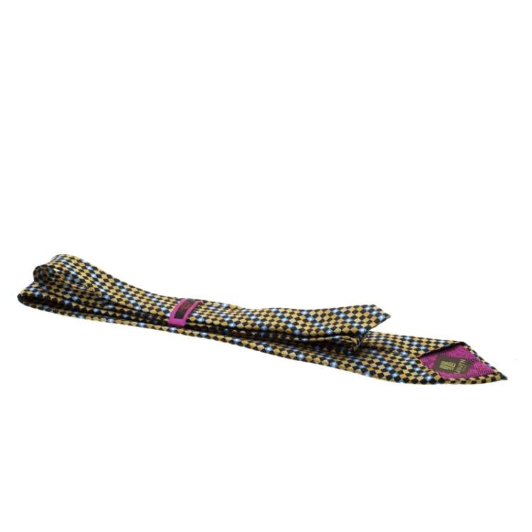 Pre Owned Lanvin Yellow and Blue Diagonal Checkered Silk Tie