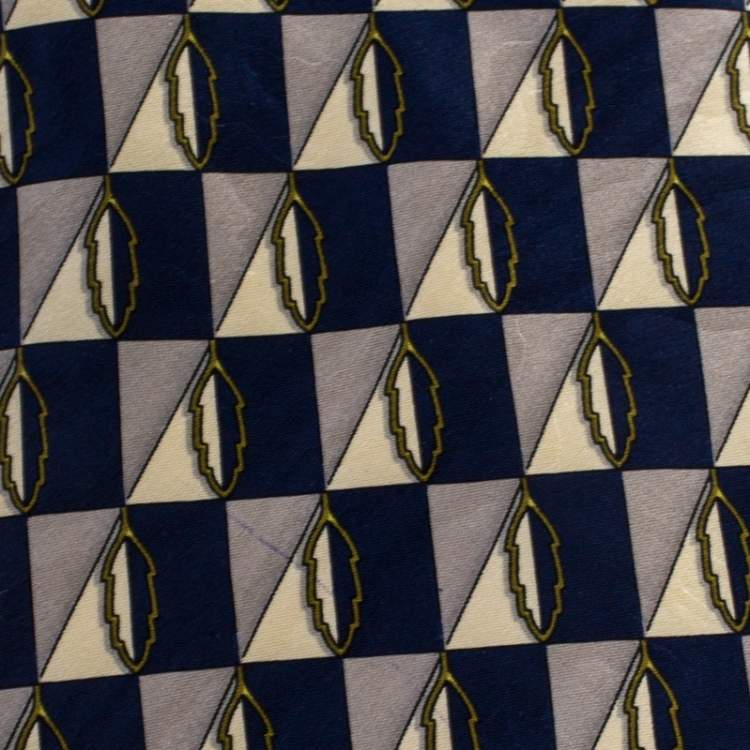 Pre Owned Lanvin Blue Checkered Leaf Print Silk Tie