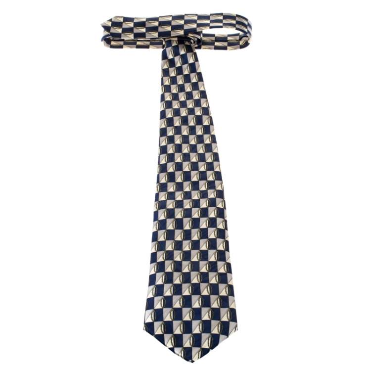 Pre Owned Lanvin Blue Checkered Leaf Print Silk Tie