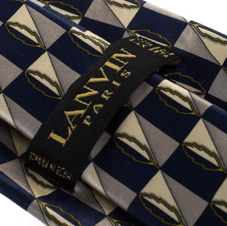 Pre Owned Lanvin Blue Checkered Leaf Print Silk Tie