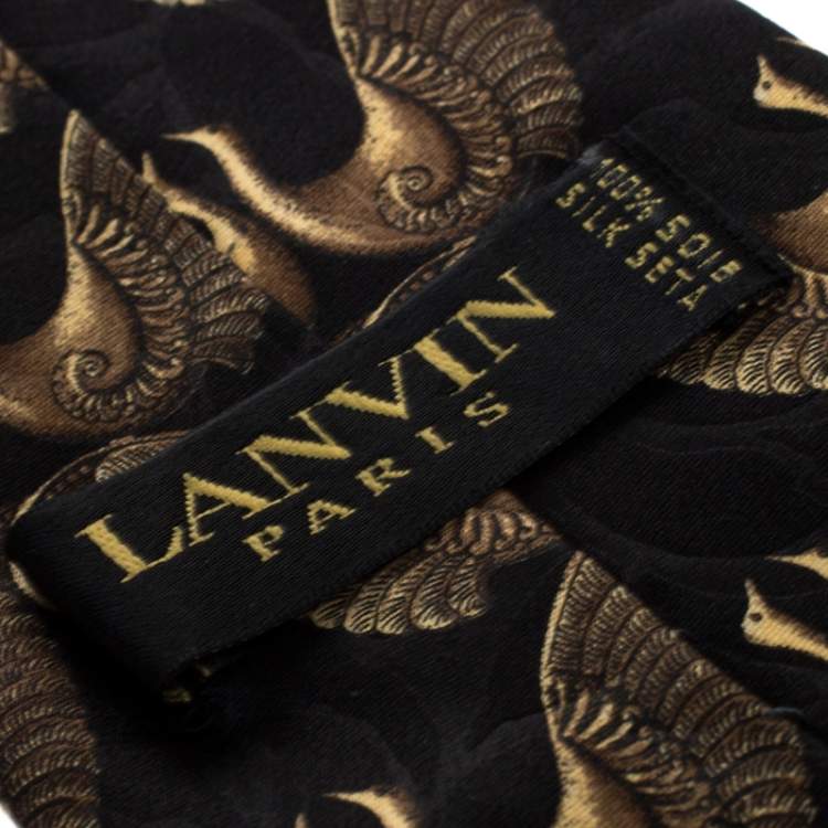 Pre Owned Lanvin Vintage Black and Gold Bird Print Silk Tie