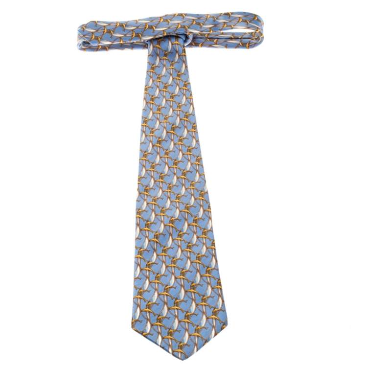 مملوكة مسبقًا Lanvin Vintage Blue and Gold Dolphin Print Silk Tie