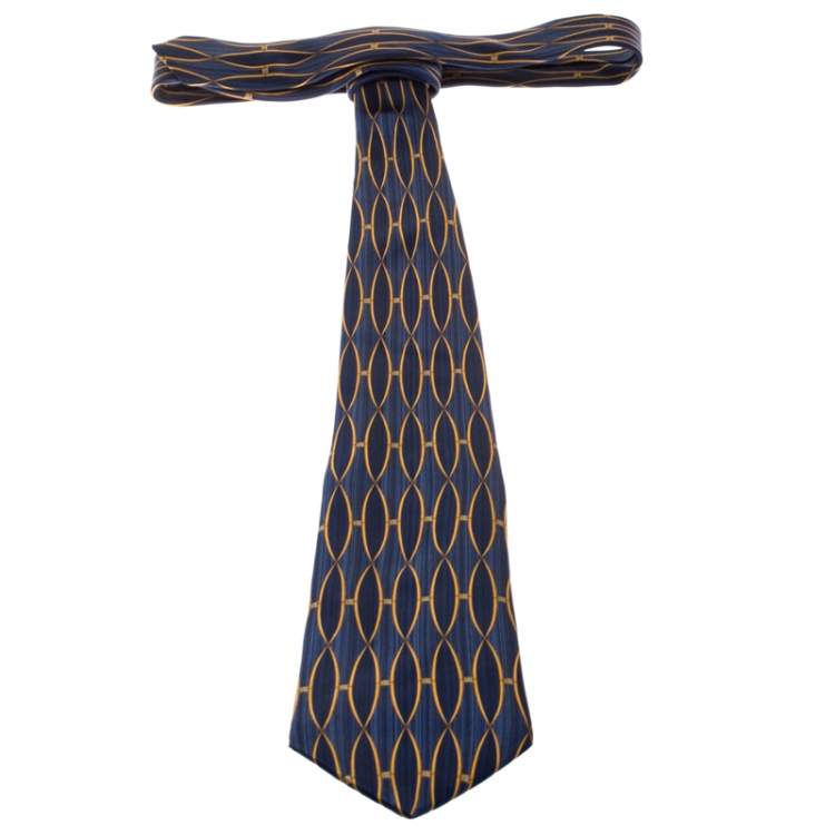 Pre Owned Lanvin Vintage Blue Lattice Motif Print Silk Tie