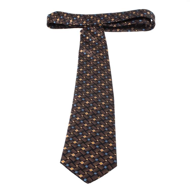 Pre Owned Lanvin Vintage Brown Printed Silk Traditional Tie