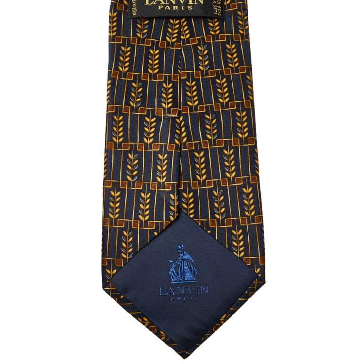 Pre Owned Lanvin Navy Blue Abstract Printed Silk Traditional Tie & Pocket Square