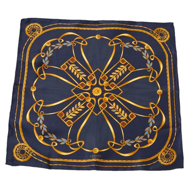 Pre Owned Lanvin Navy Blue Abstract Printed Silk Traditional Tie & Pocket Square