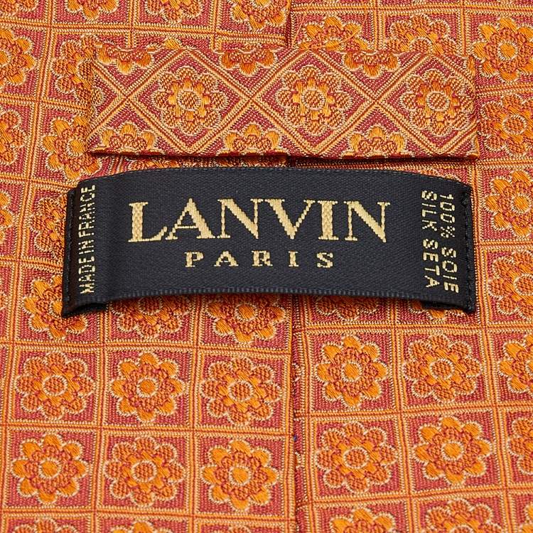 Pre Owned Lanvin Orange Floral Motif Jacquard Silk Tie