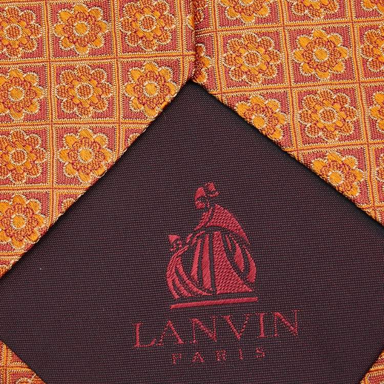 Pre Owned Lanvin Orange Floral Motif Jacquard Silk Tie