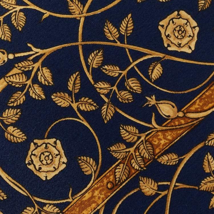 Pre Owned Lanvin Navy Blue/Gold Floral Print Silk Tie & Pocket Square Set