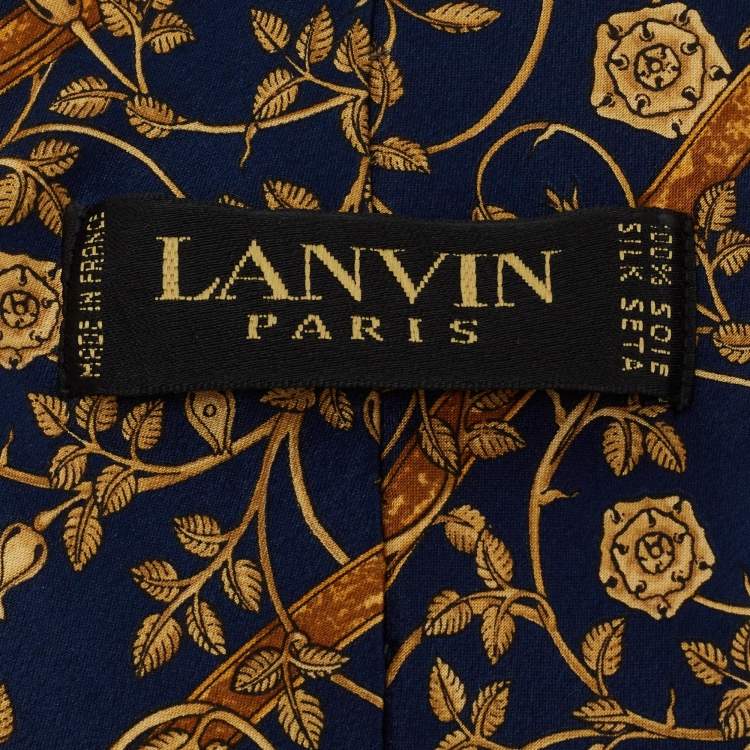 Pre Owned Lanvin Navy Blue/Gold Floral Print Silk Tie & Pocket Square Set
