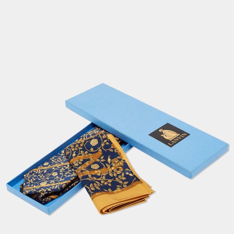 Pre Owned Lanvin Navy Blue/Gold Floral Print Silk Tie & Pocket Square Set