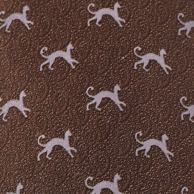 مملوكة مسبقًا Lanvin Brown Cat Print Satin Silk Traditional Tie 