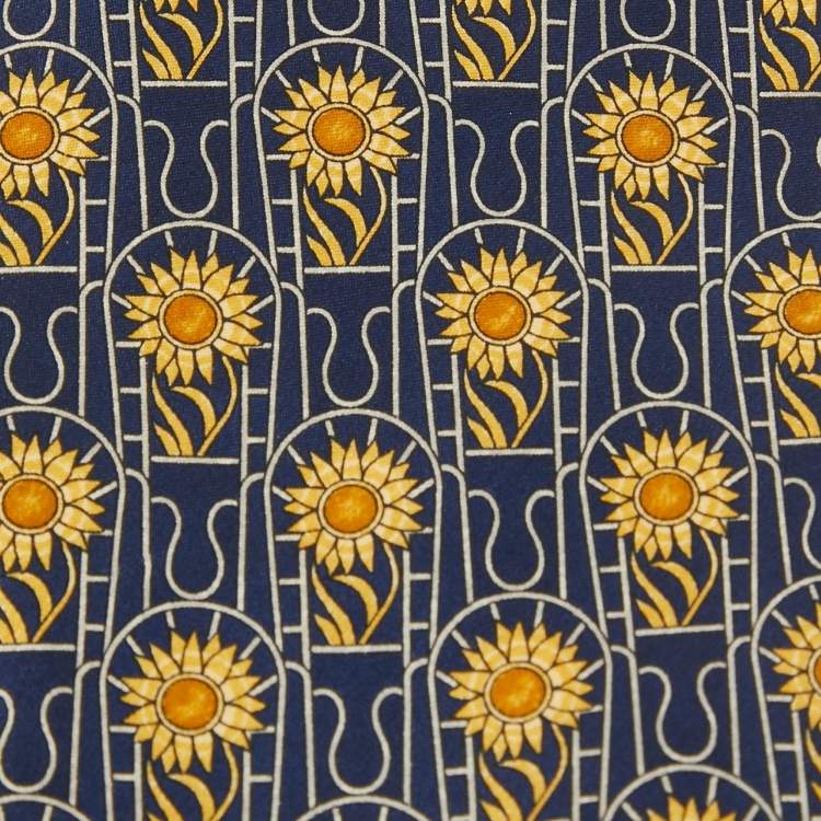 Pre Owned Lanvin Navy Blue Floral Print Satin Silk Pocket Square and Tie 