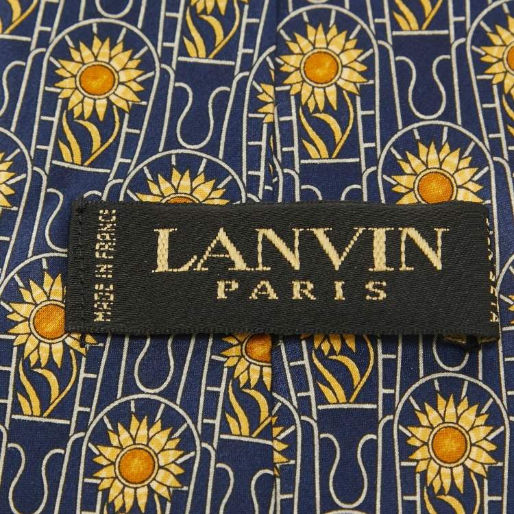 Pre Owned Lanvin Navy Blue Floral Print Satin Silk Pocket Square and Tie 