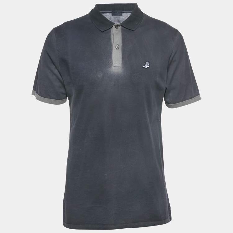 Pre Owned Lanvin Navy Blue Embroidered Cotton Distressed Polo T-Shirt XL 