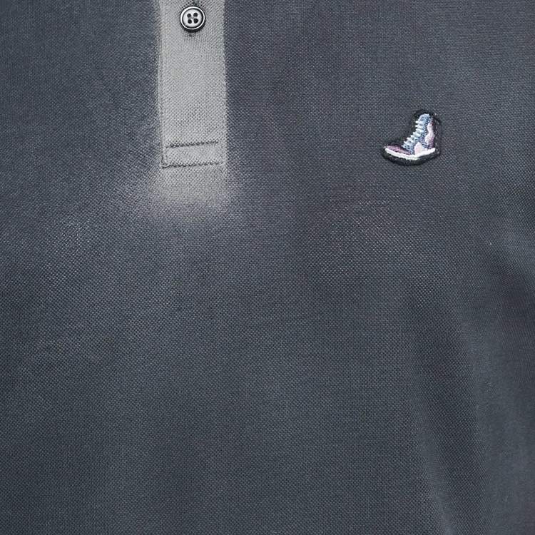Pre Owned Lanvin Navy Blue Embroidered Cotton Distressed Polo T-Shirt XL 