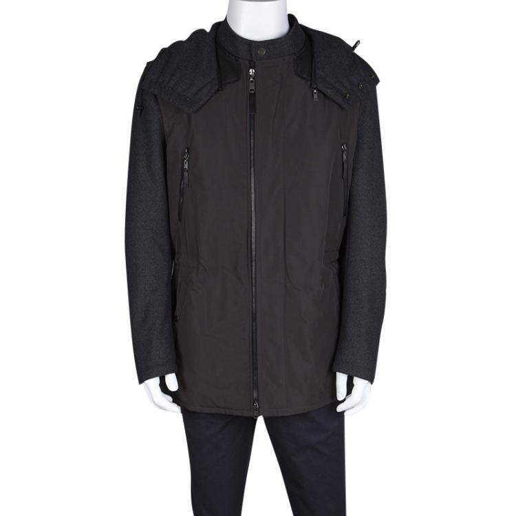 Lanvin Charcoal and Olive Leather Trim Zip Front Hooded Wool