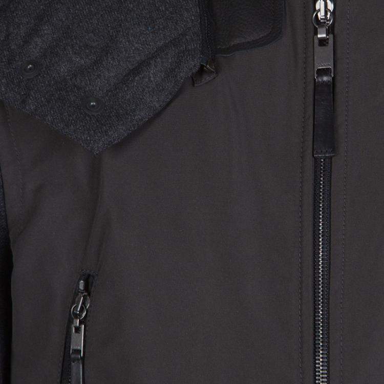 Pre Owned Lanvin Charcoal and Olive Leather Trim Zip Front Hooded Wool Jacket L